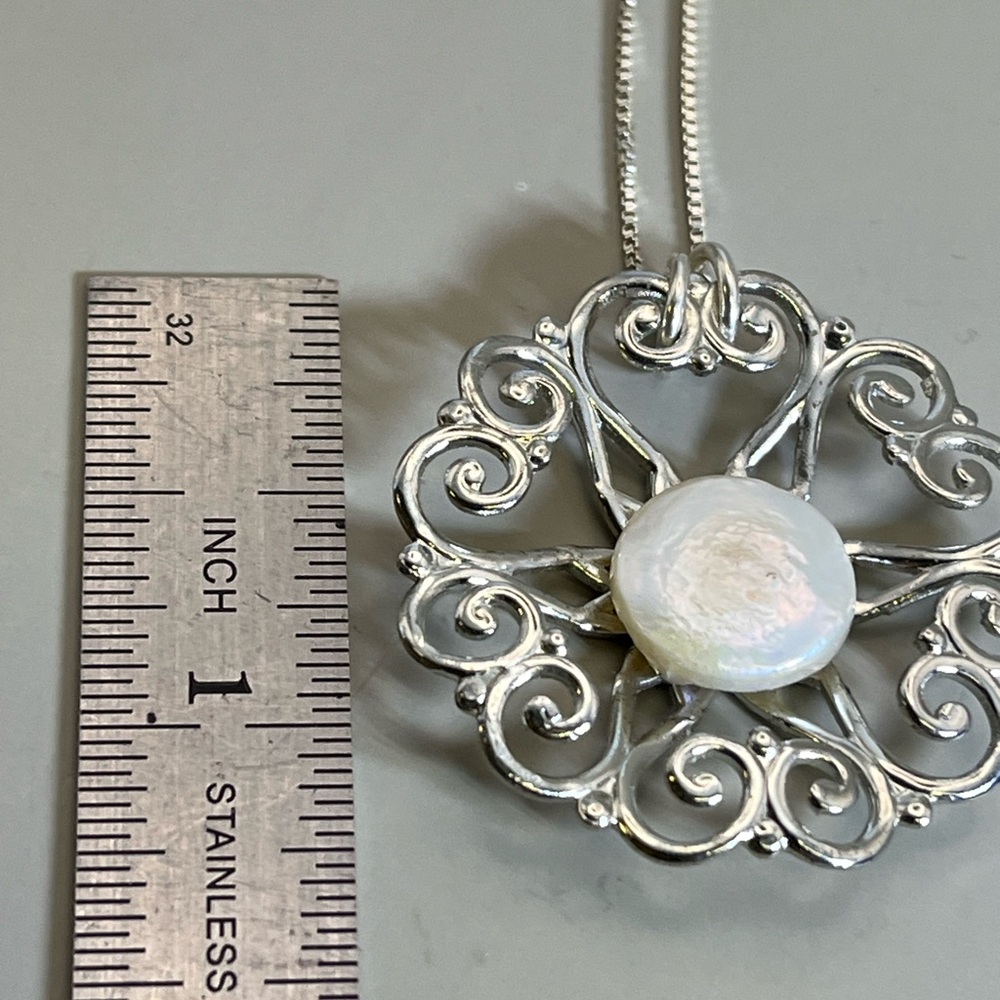 Victorian Silver and White Coin Pearl Filigree Necklace - Picture 3 of 3